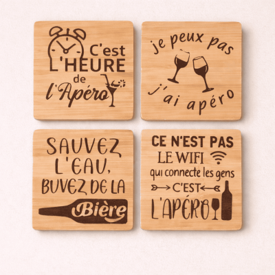 Dessous de verre en bois carre personnalise apero